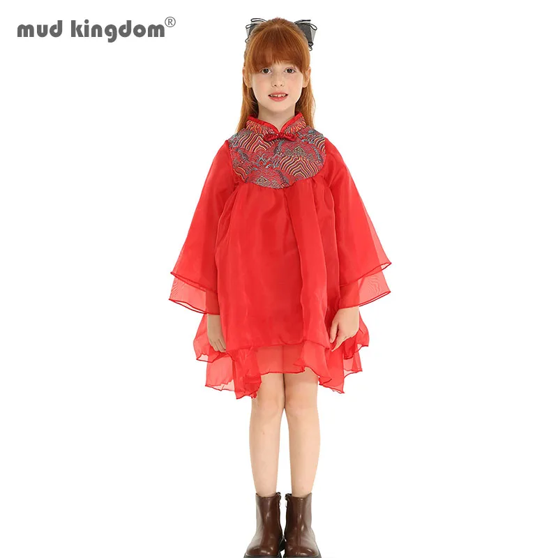 

Mudkingdom Girls Qipao Dresses Long Sleeve Chinese Style Lunar New Year Girl Tutu Tulle Dress Red Cheongsam Tulle Tang Clothes