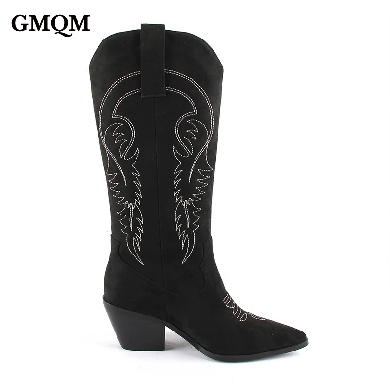 

GMQM New Design 2022 Cowboy Boots Fashion Women Faux Suede Mid-Calf Shoes Boots Embroidered Western CowGirl Pointed Toe Comfort