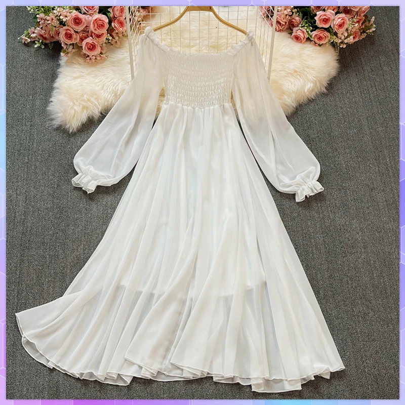 

Spring Autumn Womens Dresses Elegant Puff Sleeve Slash Neck Off Shoulder White Chiffon Female Dress Vestidos Para Mujer Vestido