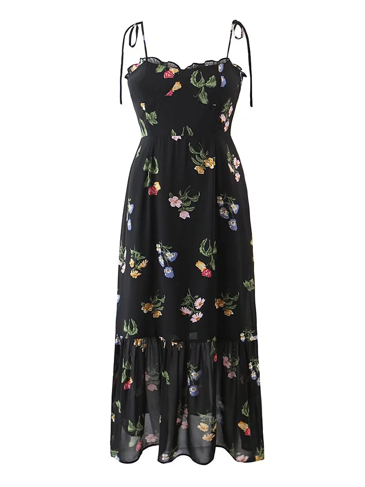 Summer Fashion Women French Style Floral Print Sling Chiffon Dress Vintage Black Female Midi Robe Prairie Chic Vestido
Summer Fashion Women French Style Floral Print Sling Chiffon Dress Vintage Black Female Midi Robe Prairie Chic Vestido