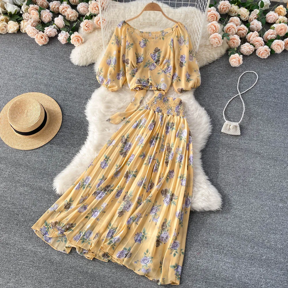 

wind suit brim hubble-bubble sleeve short jacket pleated bust skirt of tall waist pressure chiffon floral two-piece outfit