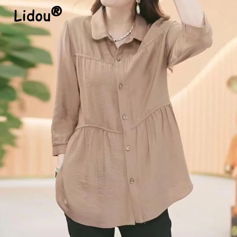 

Women's Clothing Vintage Solid Color Half Sleeve Button Shirt Korean Simple Casual Loose Blouse Cotton Elegant Tops Blusas Mujer