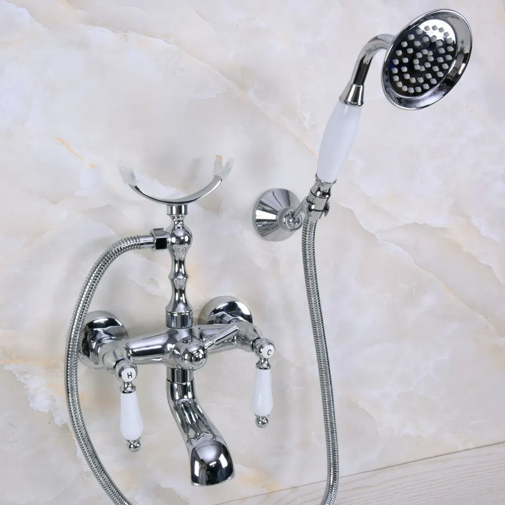 

Polished Chrome Bathroom Dual Ceramic Handles Bathtub Mixer Faucet Clawfoot Tub Mixer Tap with Handshower Bna238