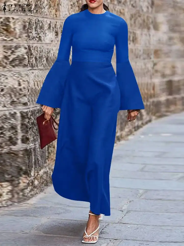 

Платье ZANZEA женское трикотажное с длинным рукавом-фонариком, винтажное однотонное базовое облегающее офисное платье-макси с круглым вырезом, весна 2024