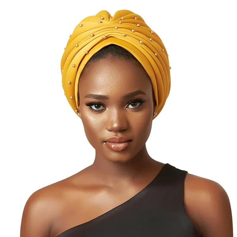 

New Women Pearls Beaded Turban Hats Beanies Muslim Headwraps Ladies Hijab Stretch African Hair Loss Bonnet Chemo Cancer Cap
