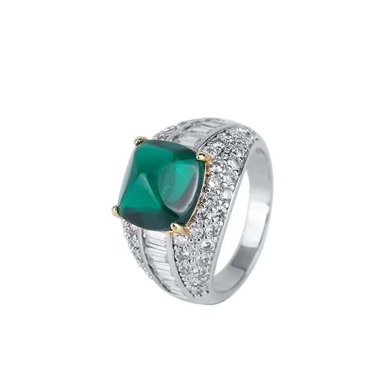 

S925 Imitation Silver Colorful Treasure Jade Blue Treasure Sugar Tower Full Set Ring Main Stone 10 * 10 Wedding Ring
