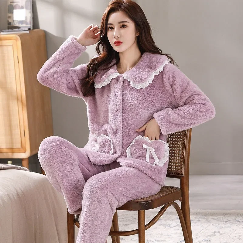 

2024 Pajama Women Autumn Winter Coral Fleece Thickened Loungewear Warm Korean Version Can Be Worn Outside Plus-size Homewear Set