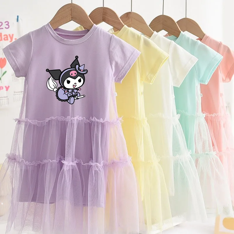 

Sanrios Kuromi Hello Kittys Girls Summer Dress My Melody Cinnamoroll Kids Short Sleeve Veil Dress Sweet Cute Princess Dress Gift