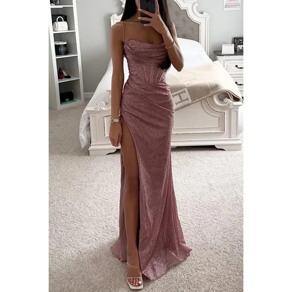 

Women's Sexy Sequin Spaghetti Strap Ruched Maxi Party Dress, Shiny High Slit, Evening, Wedding, Cocktail, Long