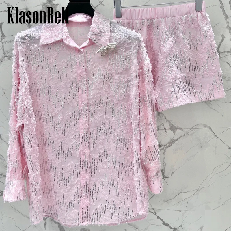 

3.14 KlasonBell 2024 New Bling Sequins Embroidery Jacquard Long Sleeve Shirt Or Elastic Waist Shorts Loose Casual Set Women