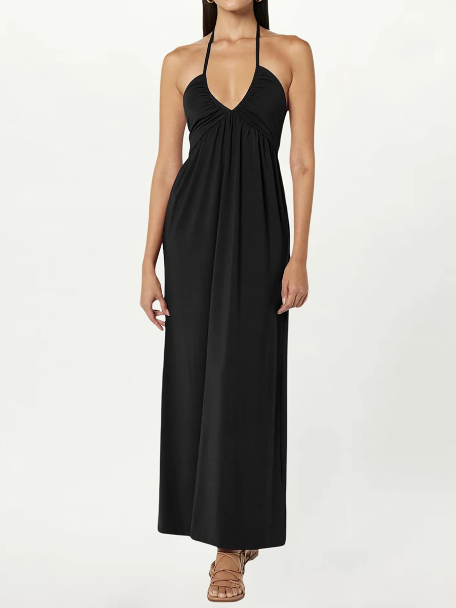 Women Summer Dress V-Neck Low Cut Halter Lacing Backless Pleated Sleeveless Dresses
Women Summer Dress V-Neck Low Cut Halter Lacing Backless Pleated Sleeveless Dresses