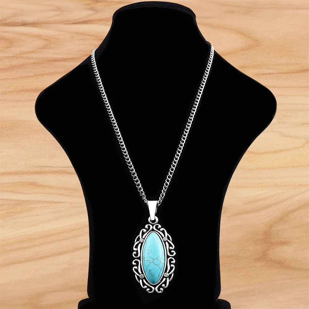 

Tibetan Silver Waterdrop Shape & Faux Stone Pendant on Long Chain Necklace Lagenlook 34 Inches for Jewellery Women Men Gift