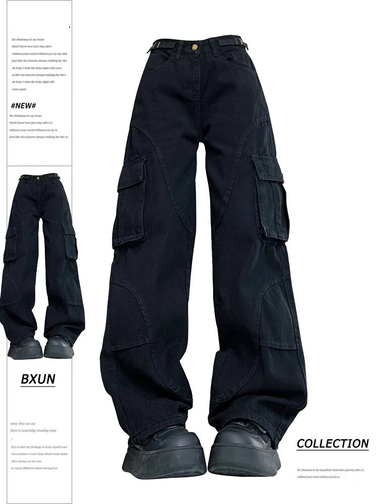 

Женские Черные Готические джинсы-карго Y2k, мешковатые джинсовые брюки в стиле Харадзюку, джинсовые брюки с высокой талией, винтажная одежда в стиле 1920-х