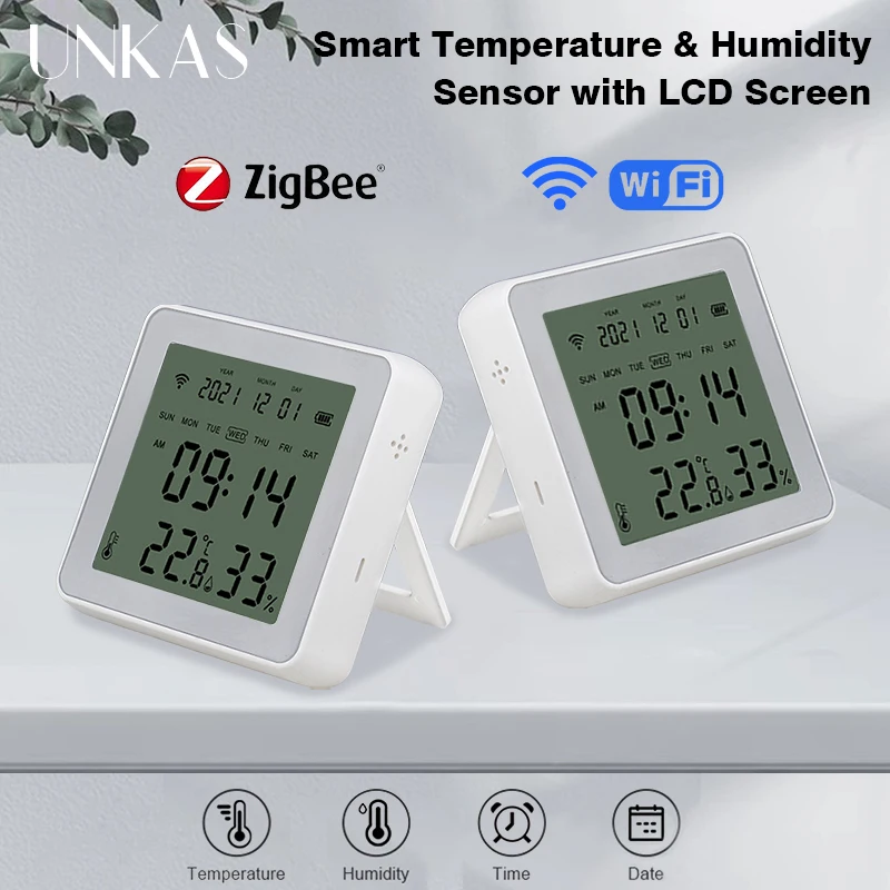 UNKAS Tuya Smart WiFi/Zigbee Temperature And Humidity Sensor Indoor Hygrometer Thermometer LCD Display Support Alexa Google Home
UNKAS Tuya Smart WiFi/Zigbee Temperature And Humidity Sensor Indoor Hygrometer Thermometer LCD Display Support Alexa Google Home