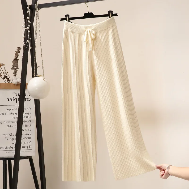 

Elastic Waist Thickening Wide Leg Pants Women's Cropped Autumn and Winter New Draping Effect Loose Knitted Trousers