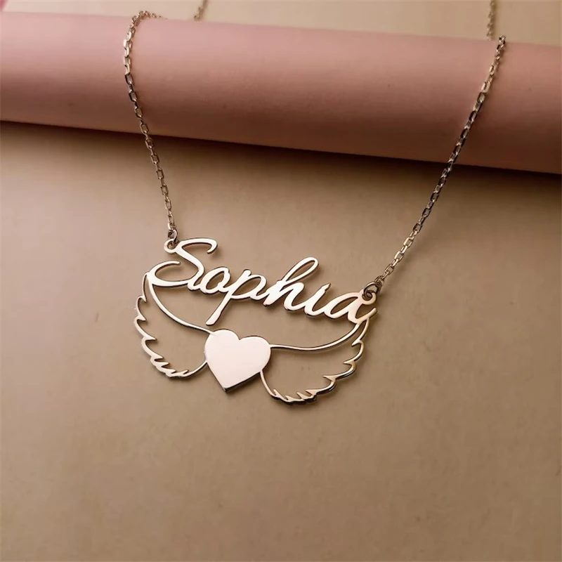 

Customized Name Necklace With Angel Wings Personalized Golden Choker Stainless Steel Necklaces For Women Man Customized Jewelry