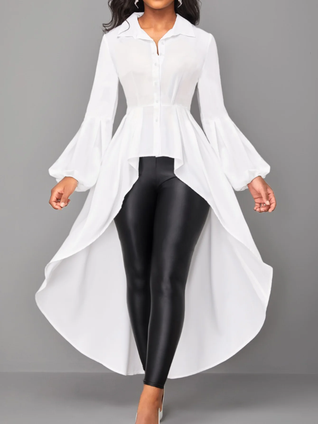 

LW Plus Size Asymmetrical A Line Blouse Fashion Shirts Women's Hem Blouses Casual Long Puff Sleeve Female Lapale Neck Button Top