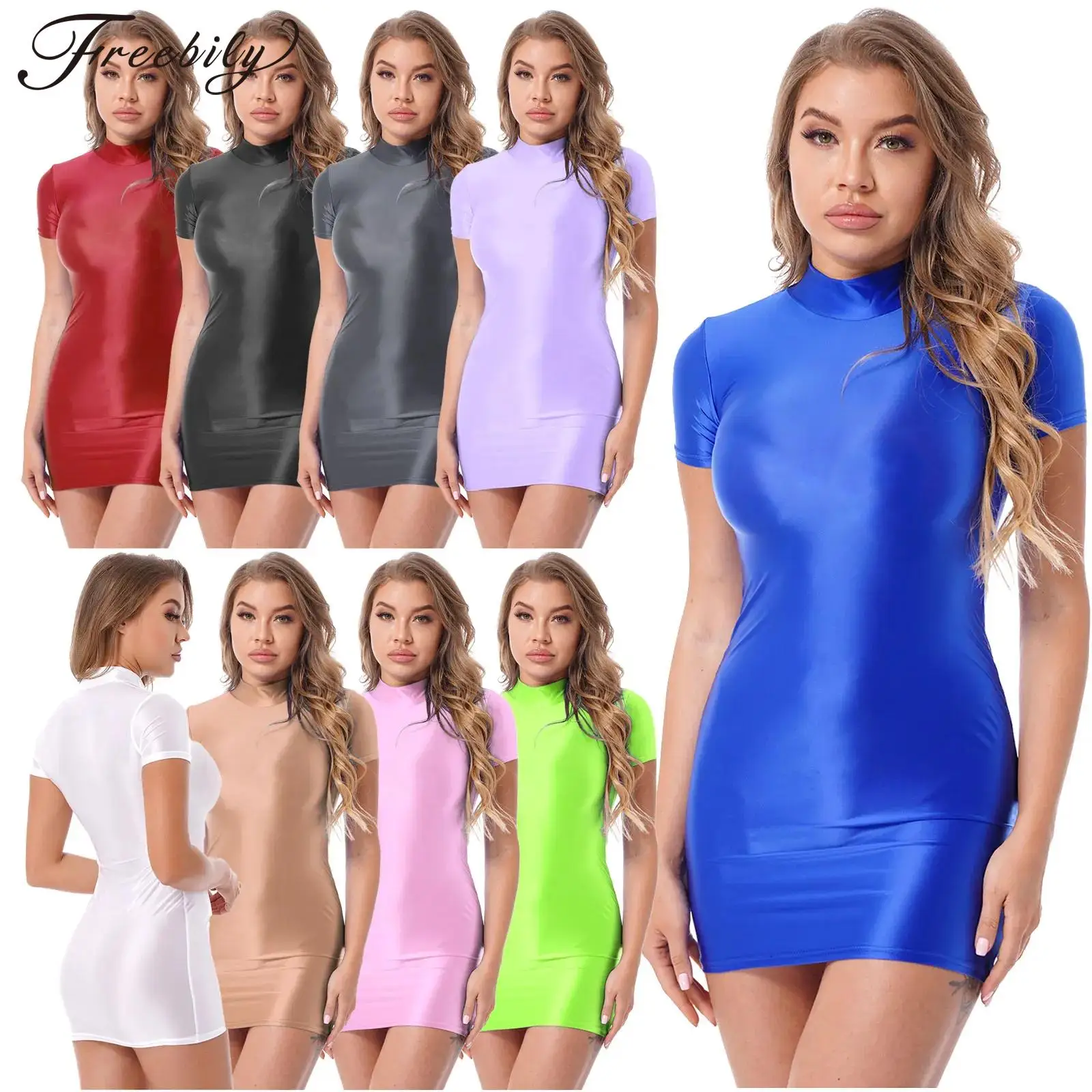 

Sexy Women's Bodycon Dress Short Sleeve Glossy Shiny Mini Dresses for Rave Party Clubwear Prom Club Bar Pole Dancing Clothes