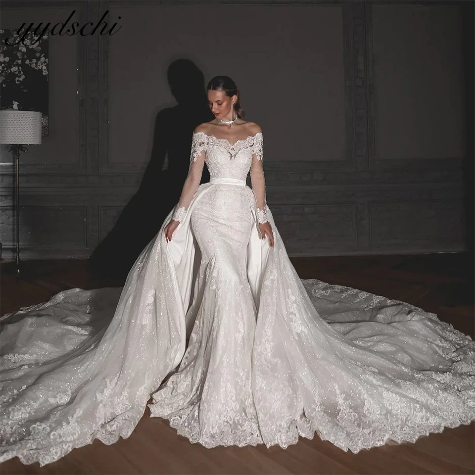 

Luxury Boat Neck Wedding Dress With Detachable Train 2023 Illusion Long Sleeves Lace Appliques Beads Bride Gown Vestido De Noiva