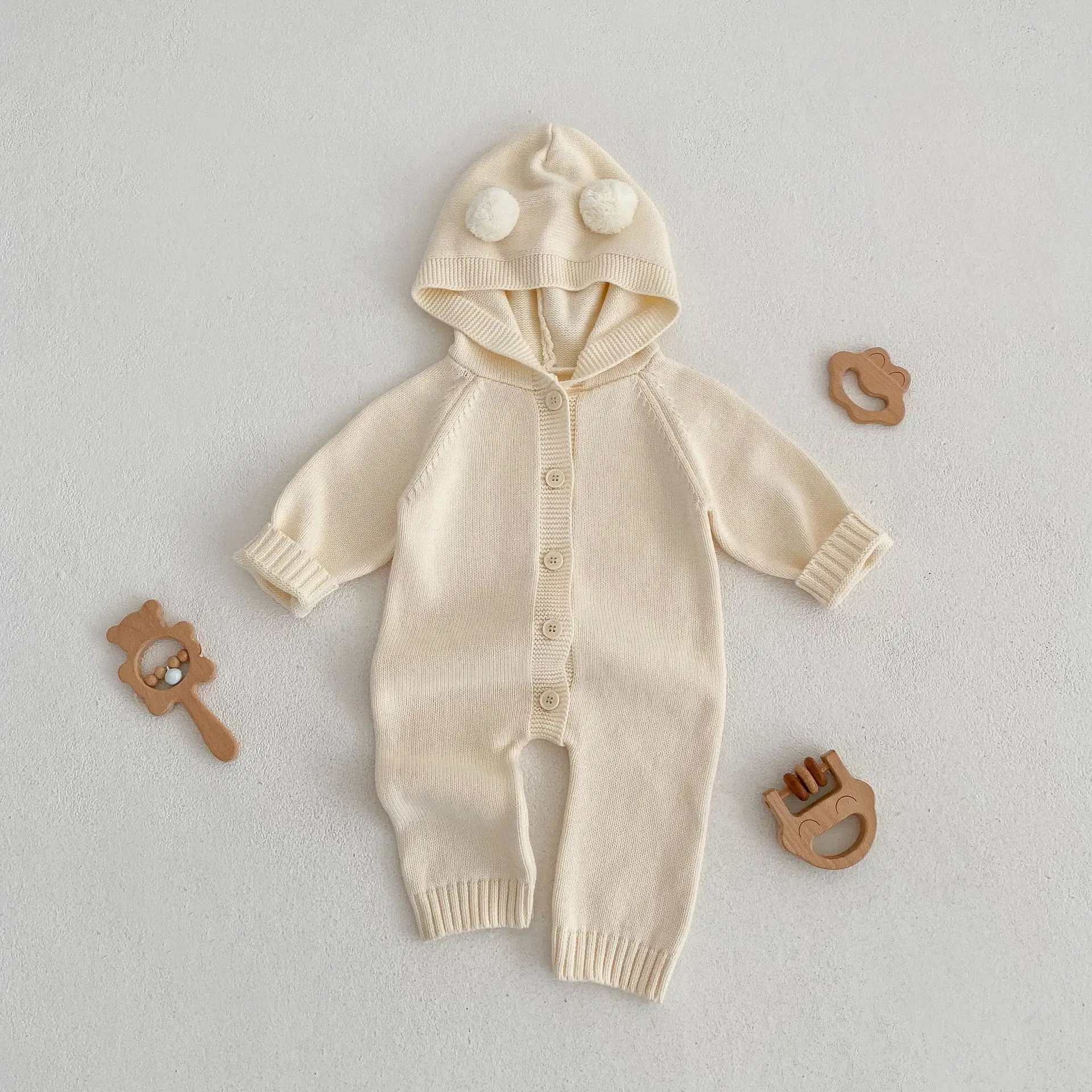 

Spring Knitted Romper Newborn Baby Clothes Long Sleeve Solid Color Knit Toddler Baby Boy Pompon Hooded Jumpsuit Baby Girl Onesie