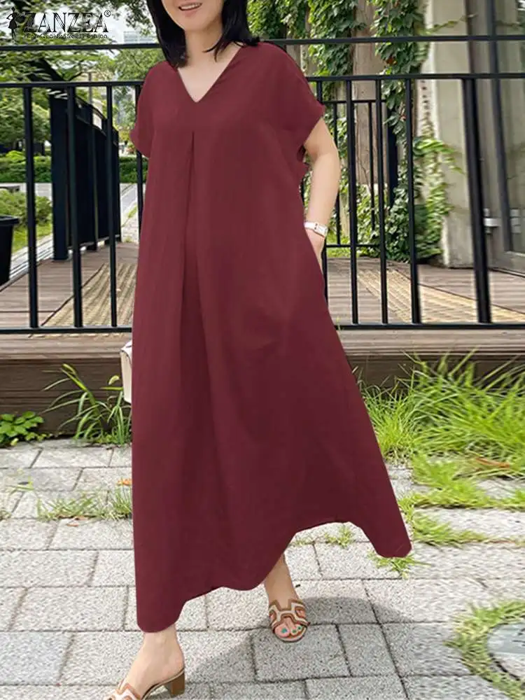 

2024 ZANZEA Summer Maxi Dress Oversize Sundress Women Fashion V Neck Short Sleeve Vestido Robe Femme Casual Solid Baggy Kaftan