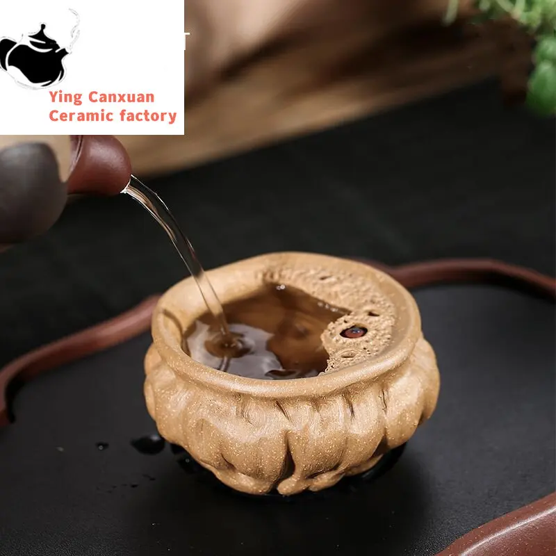 

2 Pcs/set Chinese Yixing Purple Clay Teacup Travel Meditation Cup Handmade Sculpture Lotus Model Tea Bowl Tea Set Authentic 60ml