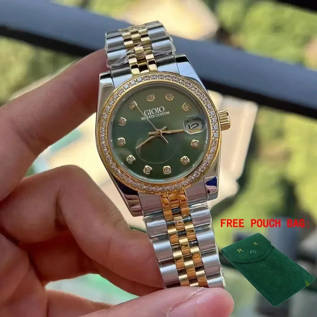 

Luxury Automatic Watch for Men Mechanical Watches Stainless Steel Calendar Silver Gold Black Green Rome Dial Diamonds Bezel 31mm