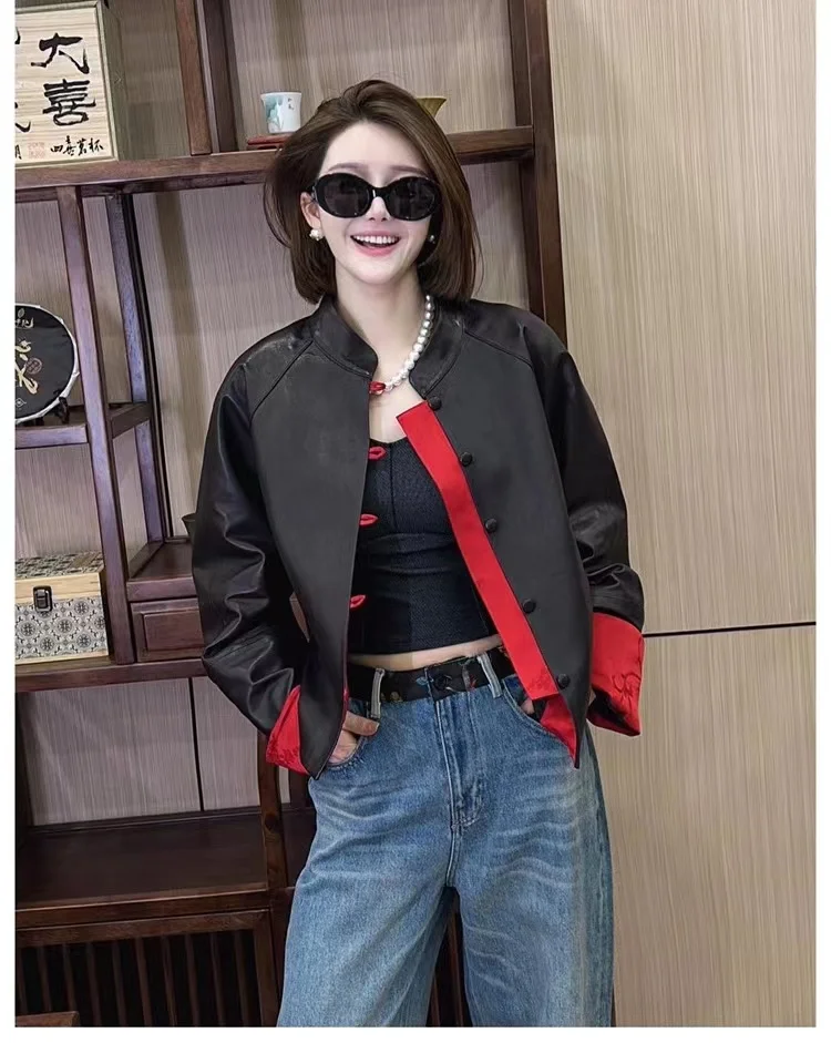 

2024 New Women's Leather Jacket Spring and Autumn Women's Sheepskin Coat New Chinese Short Style Chinese Style Casual Street Coa