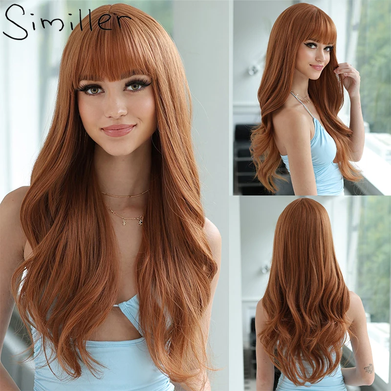 

Similler женские длинные волнистые синтетические парики термостойкие волосы для ежедневного использования коричневый парик с челкой