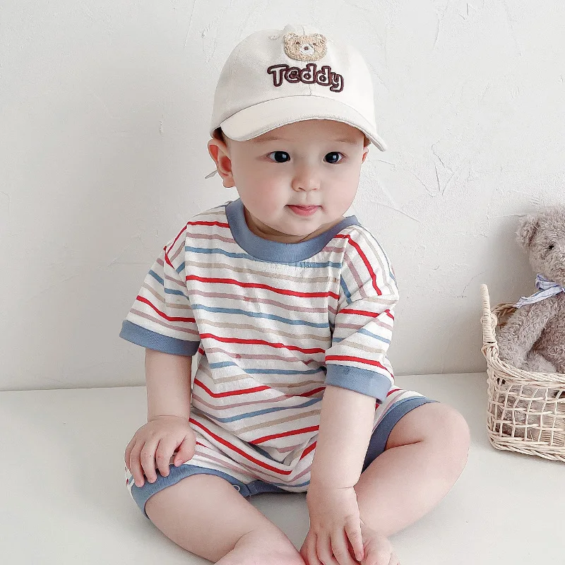 

Jenny&Dave Baby 2023 Summer Nordic jumpsuit short sleeved mesh red baby boy crawling suit loose striped romper for children