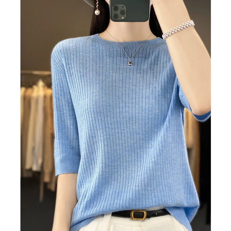 

Women Spring Autumn Fine Wool Sweater O-neck Vertical Stripes Half Sleeve Pullover Female Casual Knitted Bottoming ​Top