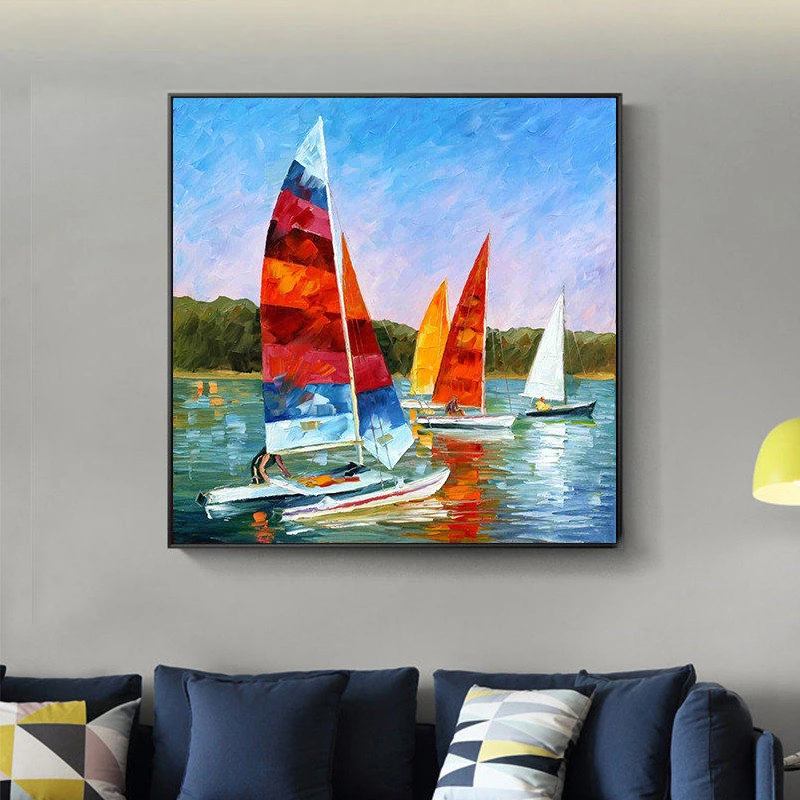 

OuzerQing Abstract Oil Painting On Canvas Handmade Modern Sailboat Seascape Wall Art Picture Home Hotel Decoration Gift Unframed