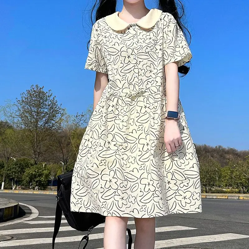 

Sweet Peter Pan Collar Printed Shirring Bandage Princess Dress Female Clothing 2024 Summer New Loose Short Sleeve Casual Dress