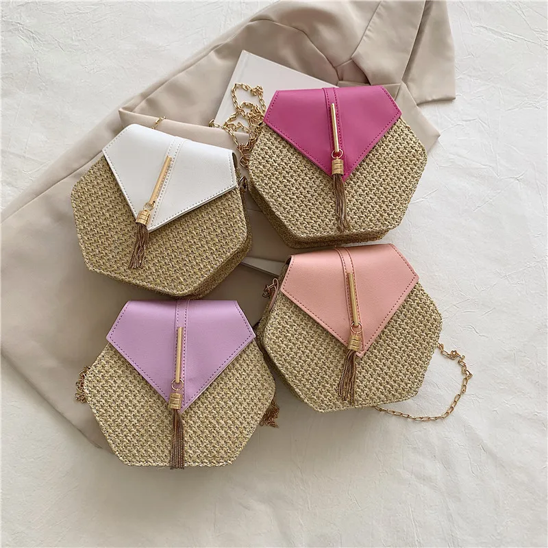 Hexagon Straw & Leather Handbag - Bohemian Woven Beach Shoulder Bag 21 S69a2926125714c87b57f161a72bd4063z