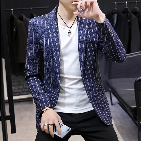 Мужская молодежная приталенная куртка в полоску с принтом, модные топы, куртка с длинным рукавом, модный костюм, куртка, мужское приталенное пальто