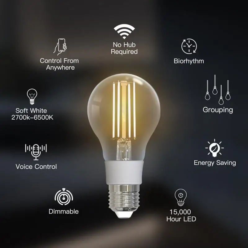 

WiFi Smart Filament Bulb LED Light Lamp E27 Dimmable Lighting 2700K-6500K 806Lm Tuya Alexa Google Voice Control 90-250V 7W