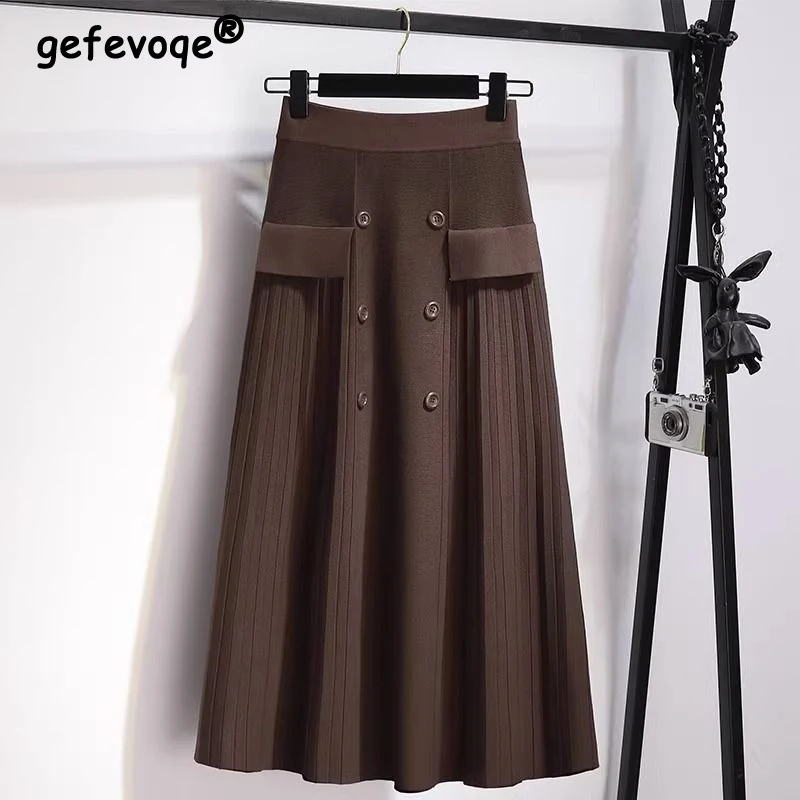 

Autumn Winter Women Fashion Elegant Button Pleated Midi Skirt Female Solid Elastic High Waist Slim A-line Knitted Skirts Faldas