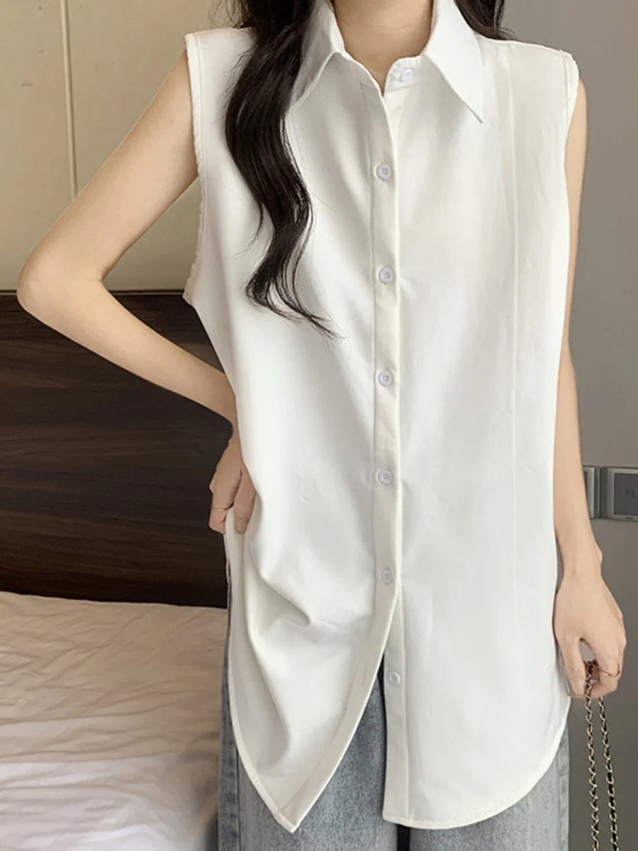 

Белая простая повседневная женская блузка, Классическая прямая рубашка без рукавов с отложным воротником, летние модные корейские женские топы средней длины