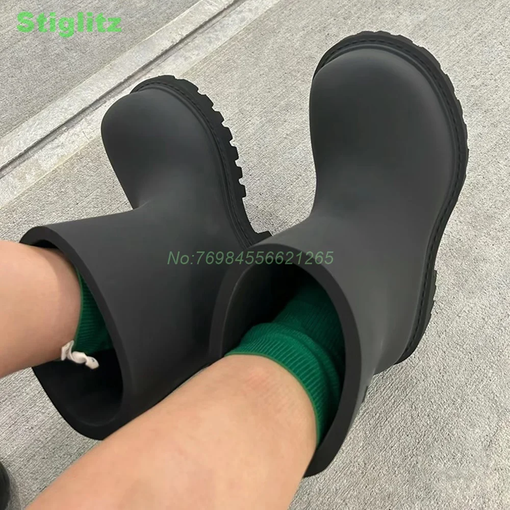 

Punk Slip On Rainboots Solid Thick Street Women Boots Big Round Toe Height Increasing Square Low Heel Fashion 2024 Novelty Shoe