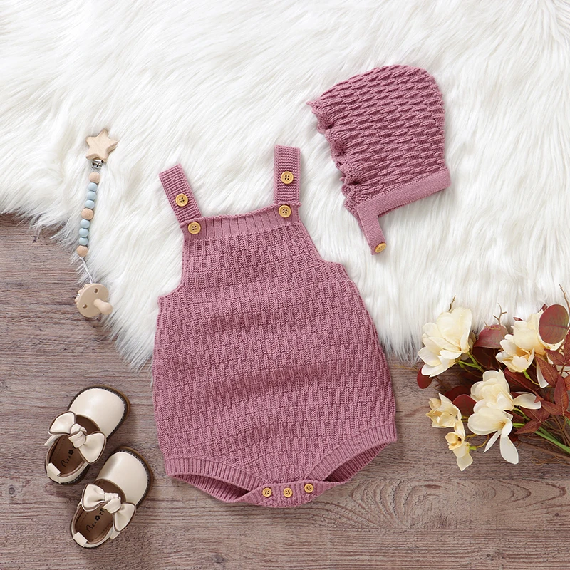 Newborn Baby Bodysuit Set Knitted Infant Girl Jumpsuit Sleeveless Toddler Kid Clothes Hat 2PC 0-18M Tops Fashion Solid Overalls
Newborn Baby Bodysuit Set Knitted Infant Girl Jumpsuit Sleeveless Toddler Kid Clothes Hat 2PC 0-18M Tops Fashion Solid Overalls