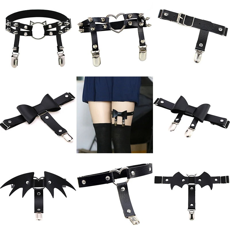 

Women Elastic Heart Rivets Garters Punk Black PU Leather Tight Suspenders Straps Goth Stocking Belts Leg Ring Harness Garter