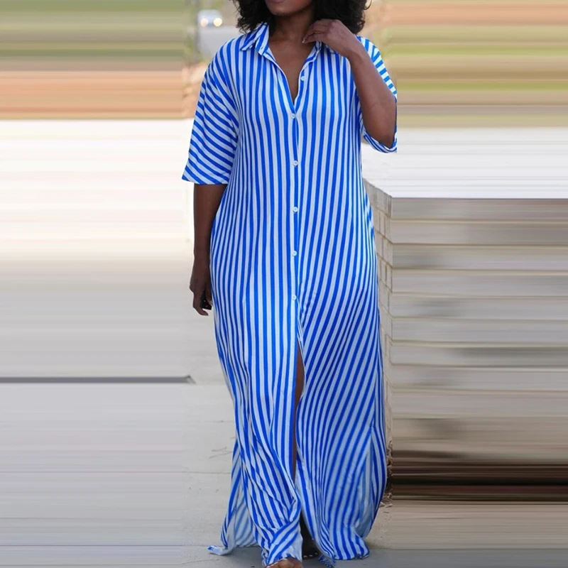 Fashion Simple High Street Shirt Dress Female Striped Print Long Cardigan Dress Summer Lapel Short Single-breasted Commute Dress
Fashion Simple High Street Shirt Dress Female Striped Print Long Cardigan Dress Summer Lapel Short Single-breasted Commute Dress