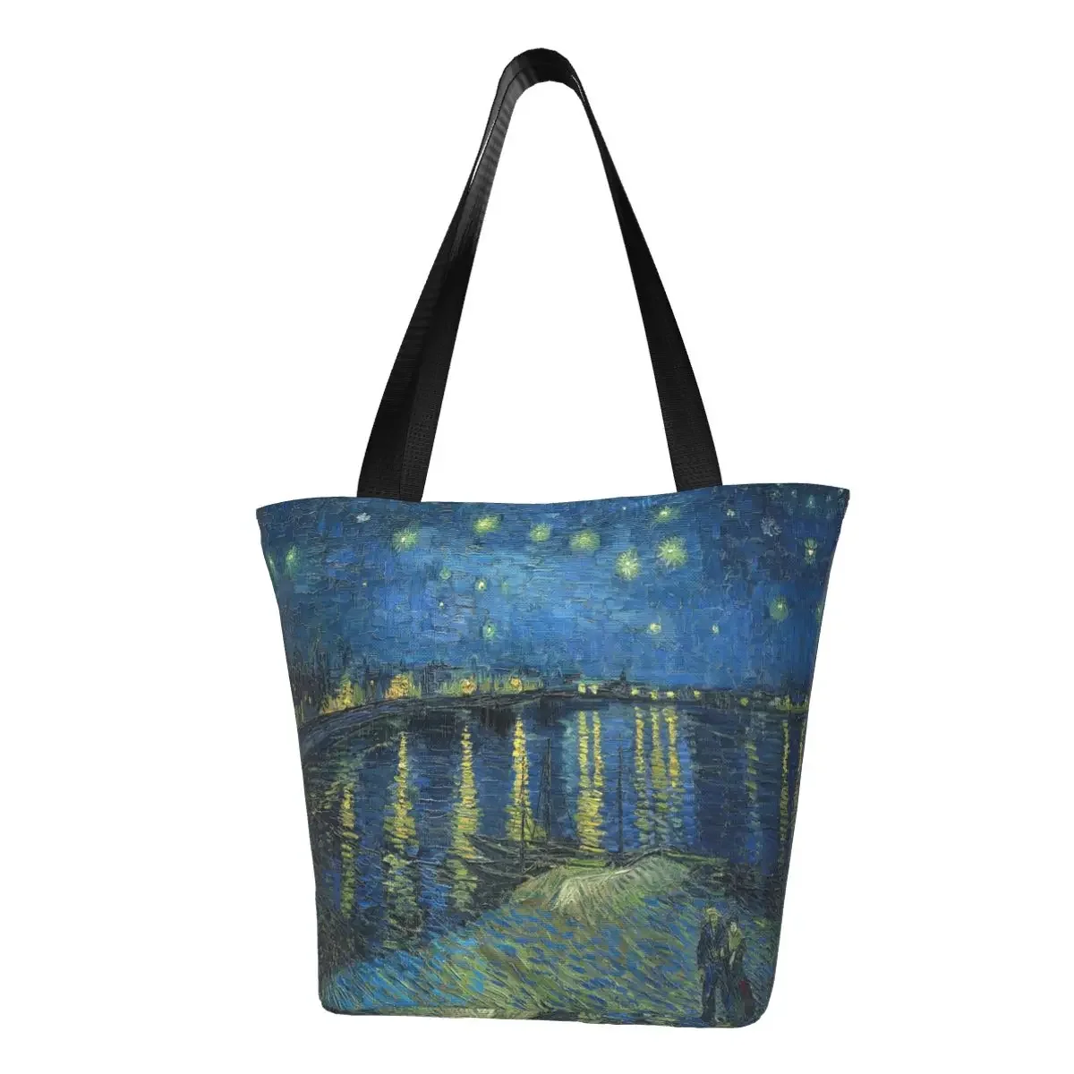 

Starry Night Over The Rhone Shopping Bag Women Canvas Shoulder Tote Bag Portable Vincent Van Gogh Groceries Shopper Bags