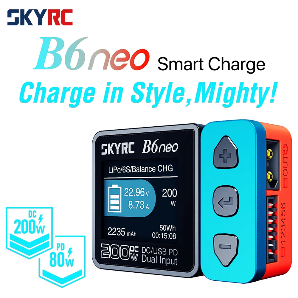 

SkyRC B6 neo Smart Charger DC 200W PD 80W LiPo Battery Balance Charger SK-100198 Compact 6S Charger Discharger