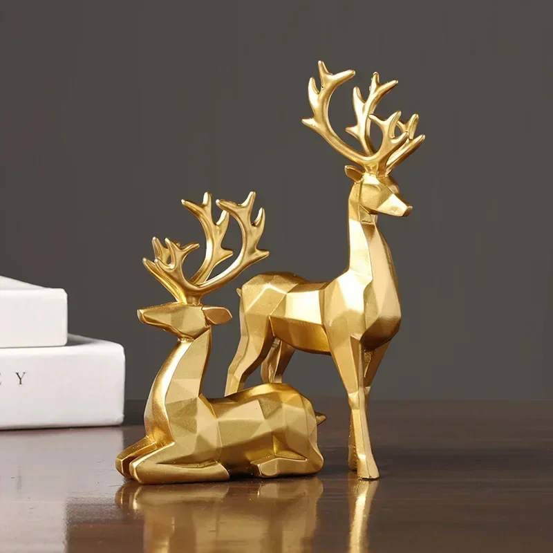 

Nordic Christmas Reindeer Figurine 2 Pcs Geometric Resin Sitting Standing Elk Deer Statue For Home Office Decoration Accessories
