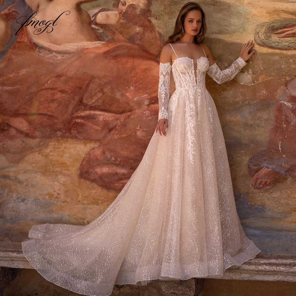 Fmogl Elegant Strapless Long Sleeve Lace Vintage Wedding Dresses Delicate Appliques Beaded Court Train A Line Bridal Gown
Fmogl Elegant Strapless Long Sleeve Lace Vintage Wedding Dresses Delicate Appliques Beaded Court Train A Line Bridal Gown