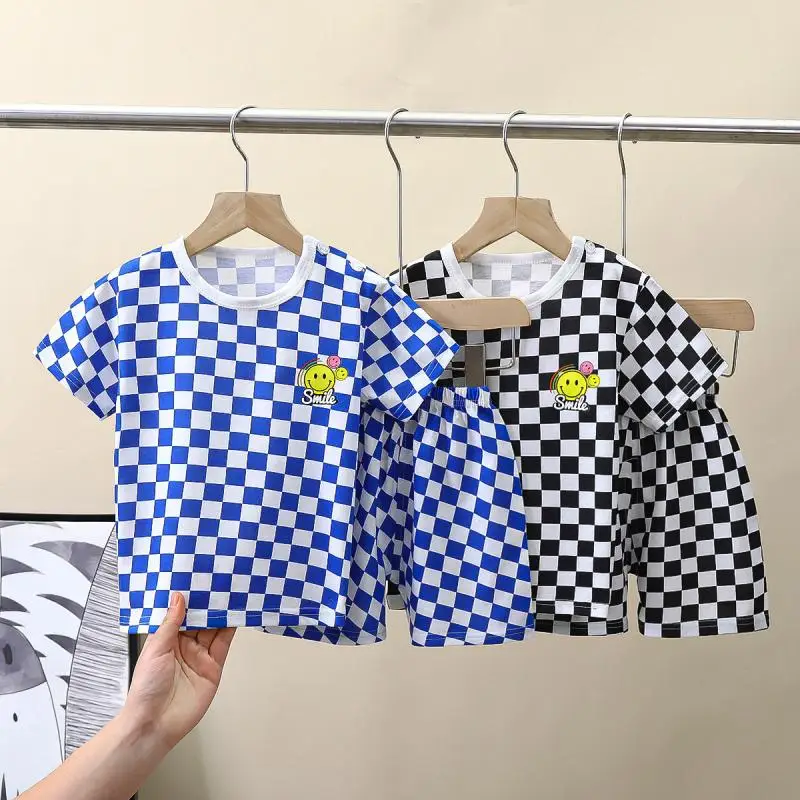 

Kids Clothes Set Baby Boy Girl T-Shirt + Shorts Summer Clothing Cotton Plaid Tracksuit Children Smile Print Top and Buttom Suit