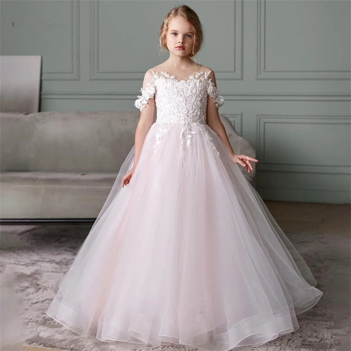 

Flower Girl Dresses Tulle Beaded Sequins Printing Sleeveless Sparkle First Wedding Communion Birthday Party Ball Gowns Kids Gift