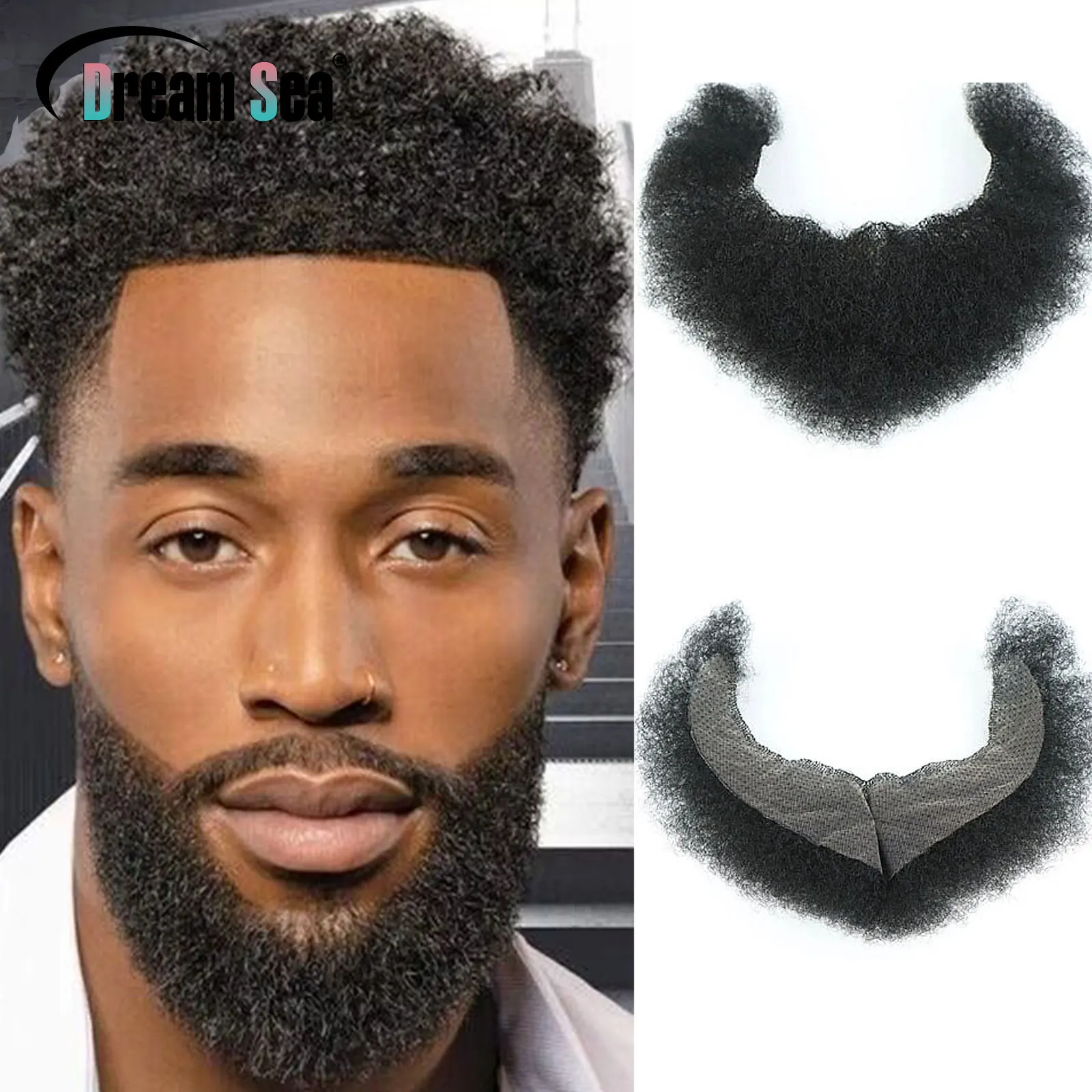 

Afro Curly Face Beard Mustache Human Hair For Black Men Curly Realistic Black Bearded Makeup Lace Base Replace System