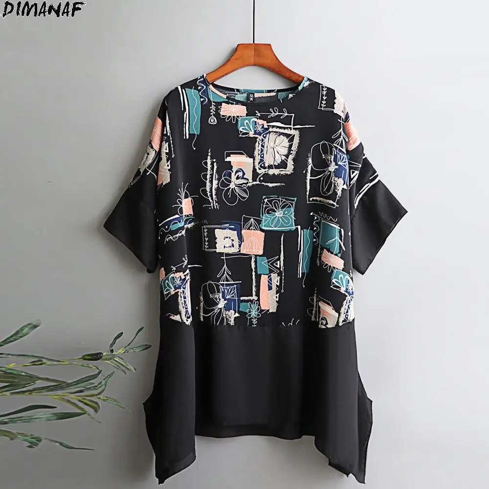 

DIMANAF Summer Women Blouse T-Shirts Chiffon Black Print Vintage Lady Tops Tunic Tees Shirt Oversize Loose Casual Clothing